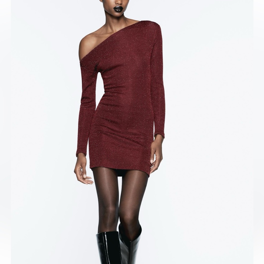 ZARA SHINY ASYMMETRIC DRESS - BURGUNDY